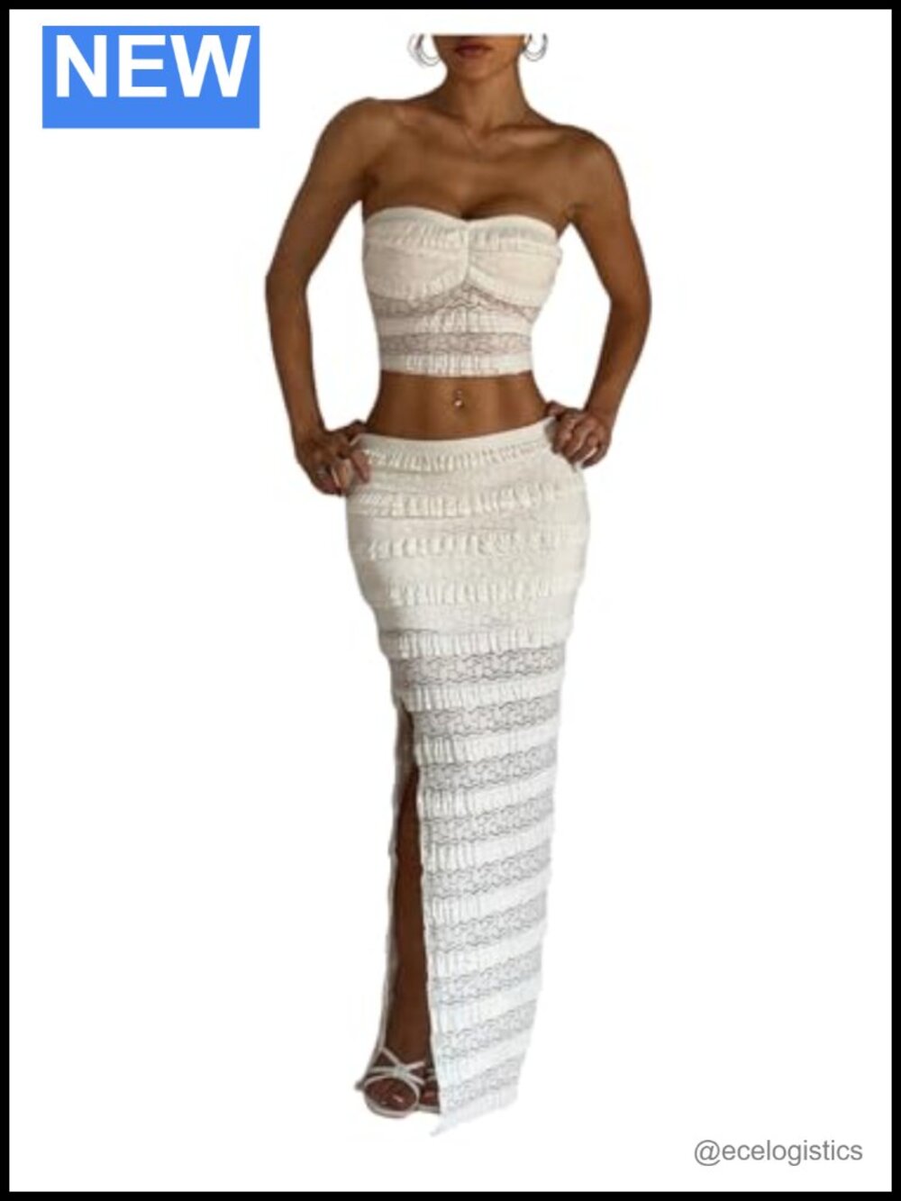 Lace Strapless Tube Top & Maxi Skirt Set, Bodycon 2 Piece Outfit